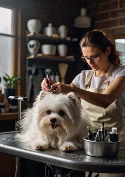 Profissional cuidando de um cachorro em um serviço de banho e tosa
