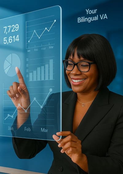 a woman in a business suit is holding a tablet with a business card