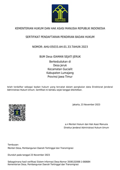 Badan Hukum BUMDes Idaman Sejati