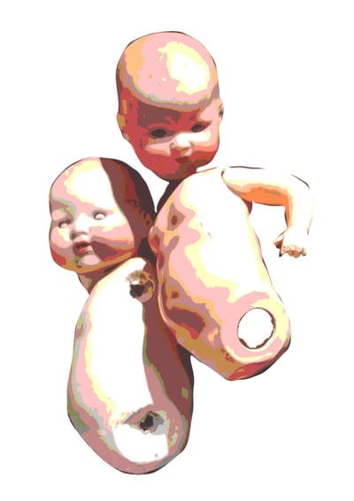 Colour separated image of 2 broken dolls by Christine Gallagher
