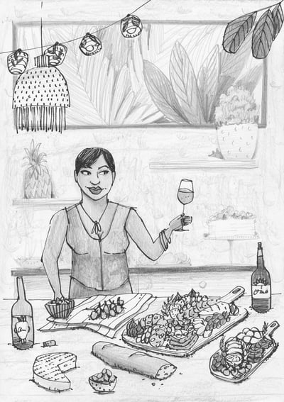 Rezeptillustration Frau mit Weinglas in der Küche und Charcuterie Board, Editorial