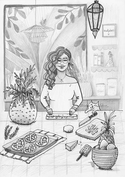 Rezeptillustration von einer Fraudie Cheese Pretzels macht , gezeichnet mit Tusche und Bleistift.
