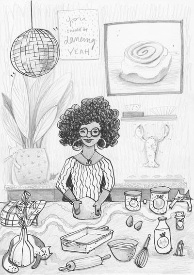 Rezeptillustration, Frau bäckt Cinnamon Rolls, gezeichnet mit Tusche und Bleistift