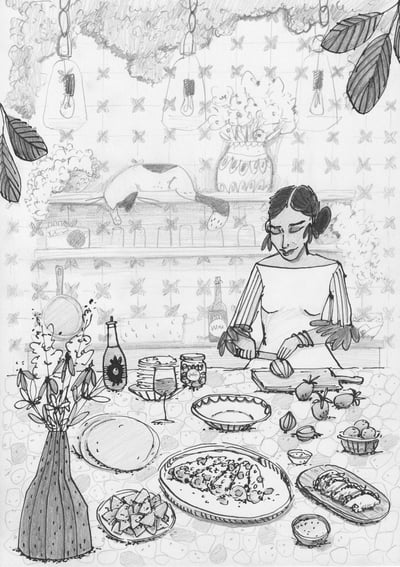 Rezeptillustration von einer Frau die in ihrer gemütlichen Küche kocht mit einer Katze auf dem Regal hinter ihr,  Editorial