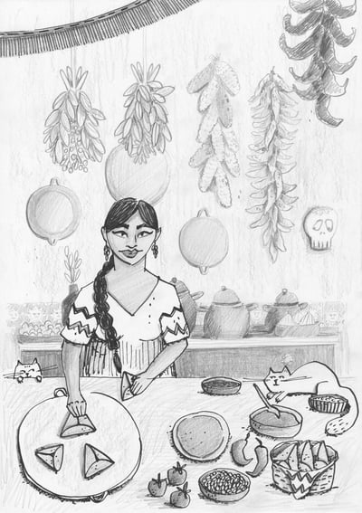 Rezeptillustration, Frau kocht Tetelas und zwei Katzen schauen ihr zu, Tusche und Bleistift