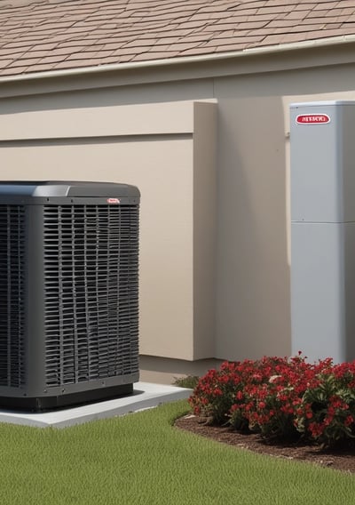 A modern, rectangular air conditioning or heating unit with the logo 'alpha innotec' is installed outside a building with a dark gray brick exterior. The unit is positioned against a light concrete wall, and there is overgrown grass along the edge of the pavement.