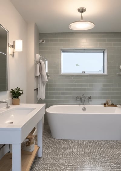 A person wearing a gray coat and blue gloves is cleaning a table in a room with a tiled floor and cream-colored walls. There are several posters on the wall and a light fixture above. To the left, there are stacked chairs and some tables.