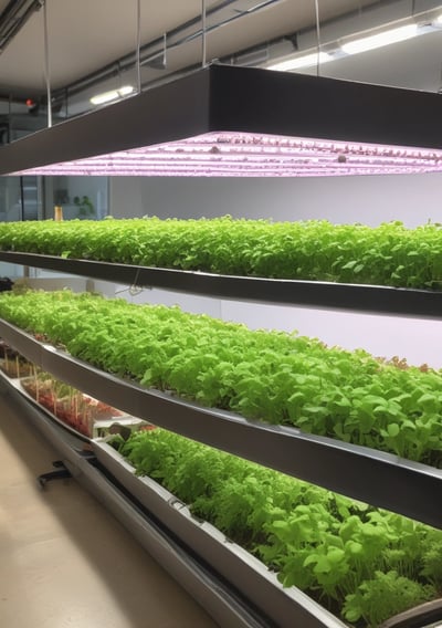 Vibrant green plants with serrated leaves are densely packed in an indoor greenhouse setting. Light fixtures hang from the ceiling, providing a bright environment for cultivation.