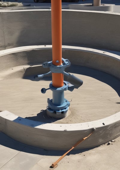 A large industrial water tank with sections made of a light-colored material, supported by a metal frame and beams. Red pipes run alongside the tank, attached to the ground. The setting is outdoors under a clear blue sky, with a paved walkway and some patches of sandy soil visible.