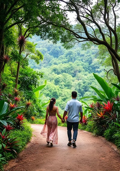 A couple strolls hand-in-hand through the vibrant landscapes of Nong Nooch Tropical Garden, surround