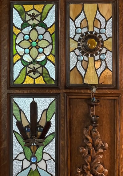 close up photo of a custom fabricated stained glass door panel