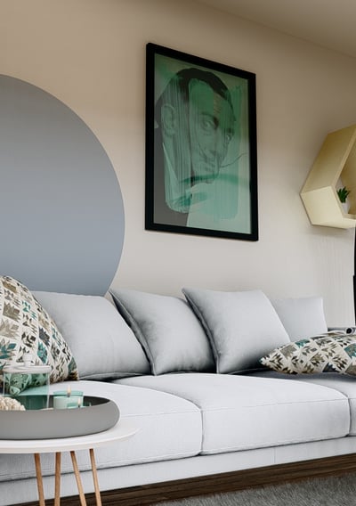 Rendu intérieur d’un espace de vie chaleureux avec baies vitrées, mobilier moderne et éclairage naturel.