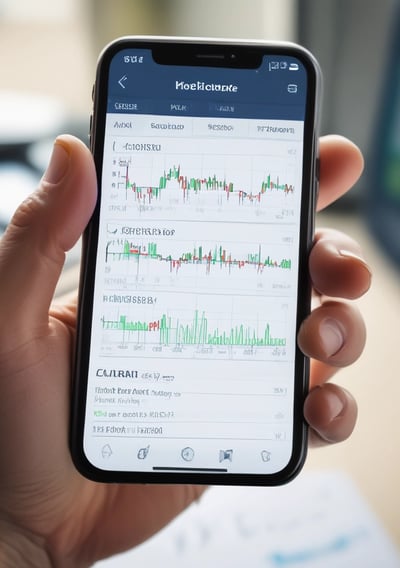 A hand holding a smartphone displaying a financial website, with information including market watch and stocks data visible on the screen. The background is a textured wooden surface.