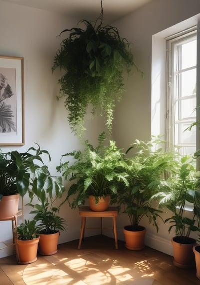 A serene indoor garden corner adorned with several potted plants arranged on a patch of artificial grass. In the center, there is a decorative platter with a lit candle surrounded by flower petals. The soft glow of string lights enhances the ambiance and highlights the foliage.