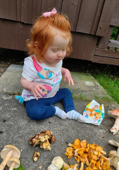 a toddler with mushrooms