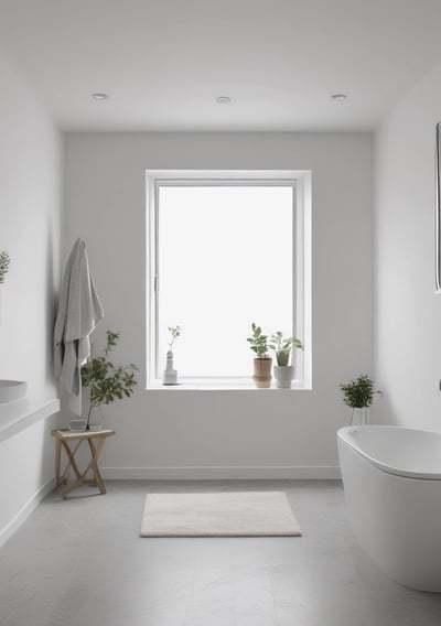 A partially renovated room with freshly laid concrete flooring. The room has bare plastered walls and two exposed pipes for plumbing. A window at the far end allows natural light in, partially illuminating the room. There is building material placed in the corner.