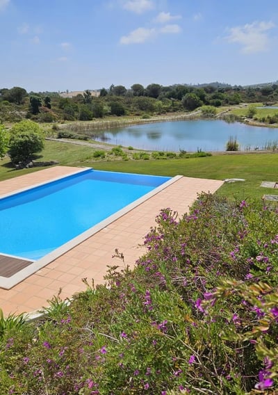 a pool with a view of a pond and a pond