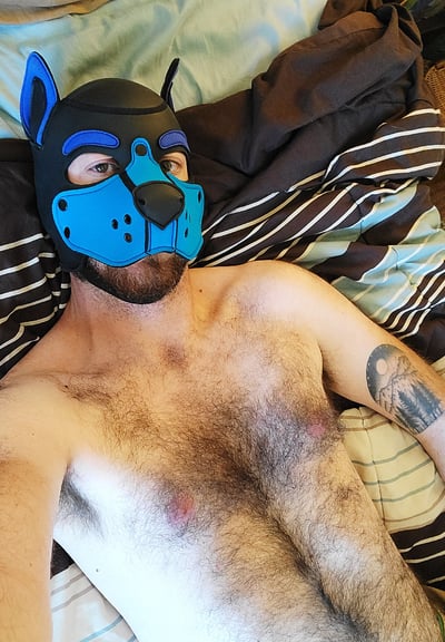A man in bed, shirtless, wearing a pup mask.