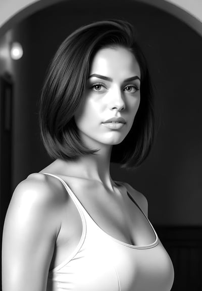 Vivienne Vale in soft black-and-white lighting, framed by an archway, wearing a minimal tank top.