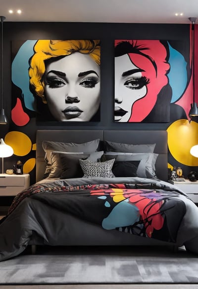 Combinação perfeita de modernidade e conforto: quadro pop-art em destaque no quarto.