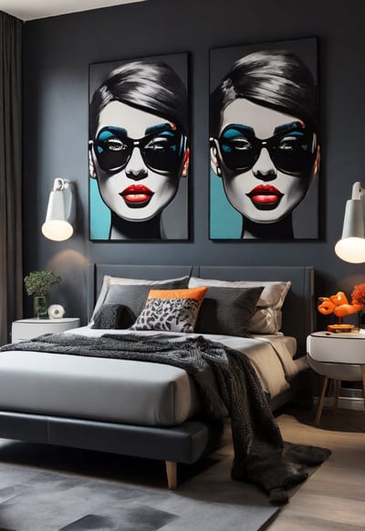 Atmosfera aconchegante e contemporânea em um quarto com quadro pop-art na parede.