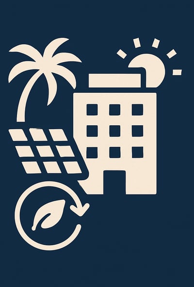 Icône poignée de main beige sur fond bleu – représente la vente ou l’achat d’un hôtel dans les Caraïbes