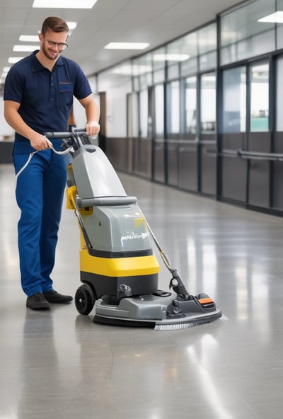 A sunlit patio with terracotta tiles is adorned with cleaning equipment, including a wet and dry vacuum, containers of cleaning solutions, and a pressure washer. A portion of a white car is visible near a hedge-lined driveway, while lush green vegetation and a manicured lawn provide a backdrop.