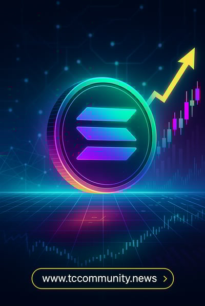 Futuristic digital art featuring a glowing Solana coin in a neon-lit blockchain environment with upward market trends, symbol