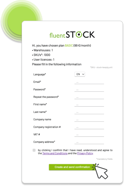 Fluentstock basic plan subscription form. Inventory management tool.