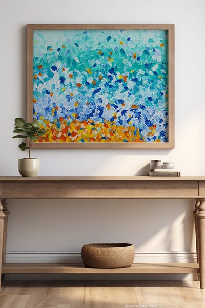 a colorful abstract painting of a wave on a beach