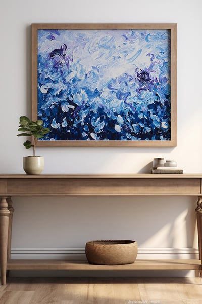 a painting of a blue and white abstract seascape