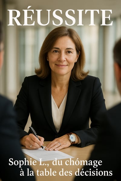 a woman on his new job in a suit and tie sitting at a table
