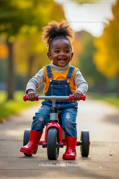 a young girl riding a tricycle in a park