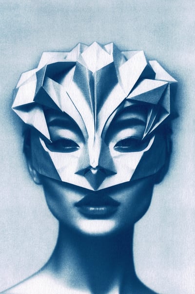 Close-up of a woman with blue-toned skin, wearing an intricate geometric paper mask covering her upp