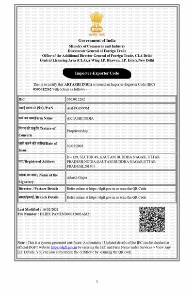 GST Certificate of ARTASHI India