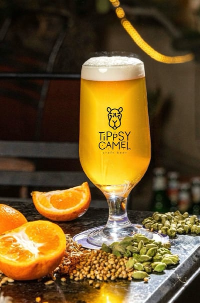 a glass of beer with oranges and seeds