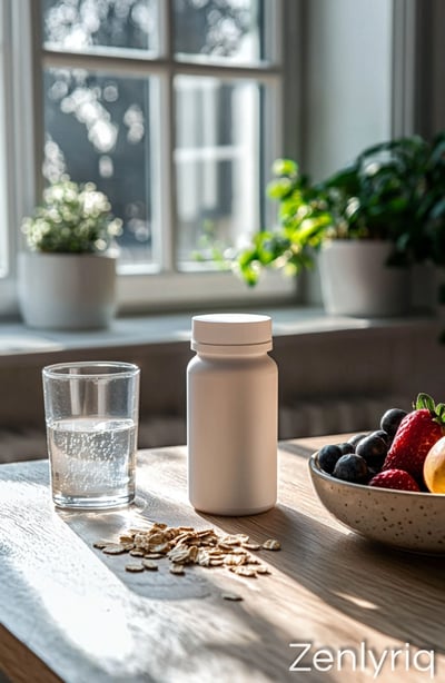 bright kitchen table with supplements and fresh berries, supporting natural glucose health