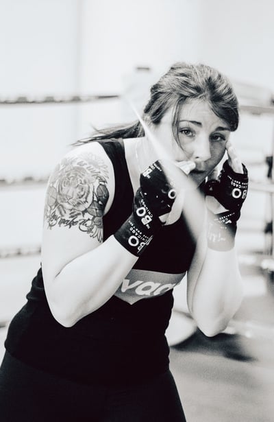 Pro Boxer Sarah "Savage" French, black and white digital photo by Jasmin Huitzil