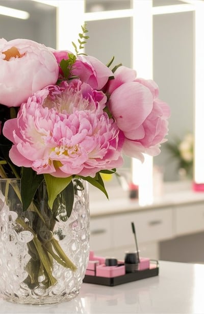 a vase with pink flowers in a vase on a table