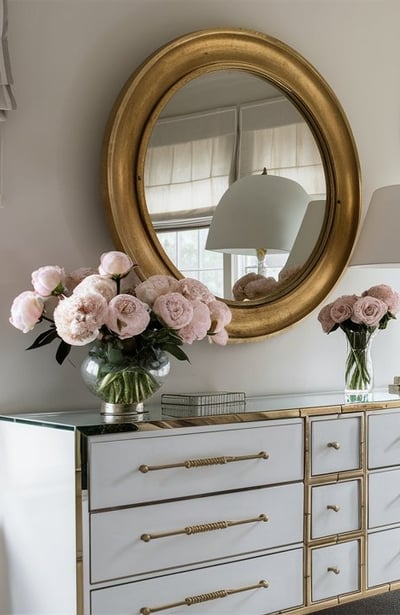 a bedroom with a large mirror and a large mirror