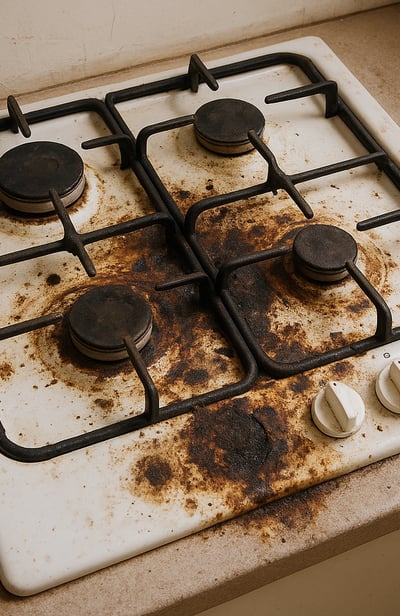 Damaged gas cooktop with burnt stains, rust, and worn burner grates