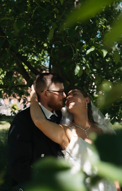 a bride and groom are posing for a photo