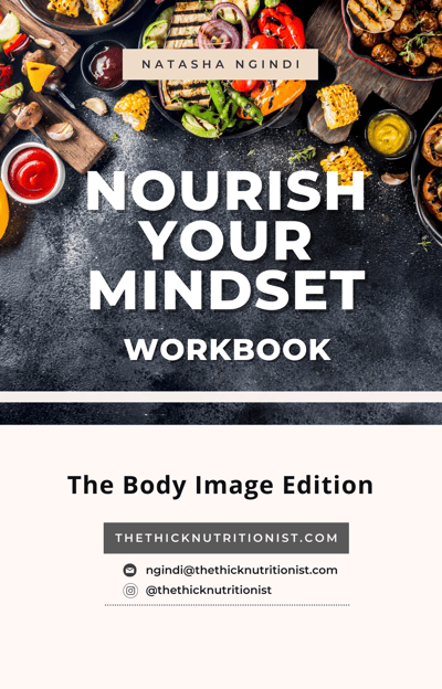 an ebook cover with a variety of food and text: nourish your mindset body image edition