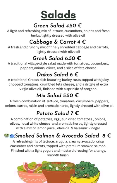 Fresh made Salads at Sunset Drift Tavern in John's Guesthouse , Ksamil Albania