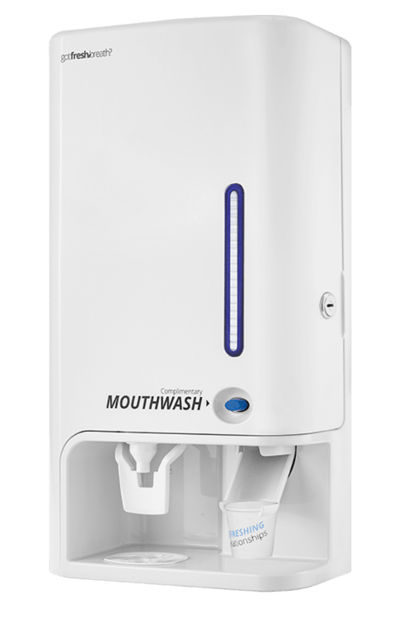 Dispensador automático de enjuague bucal color blanco, ideal para oficinas, baños y más.