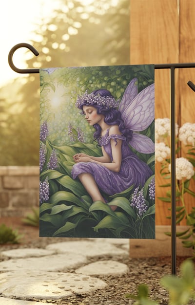 Lavender fairy in lavender patch garden flag