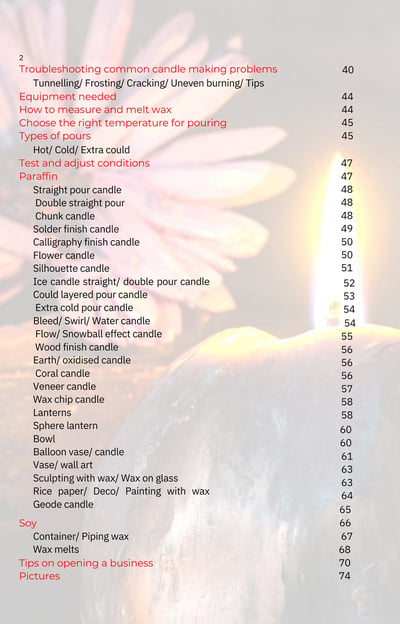 Table of contents candle making and wax objects eBook