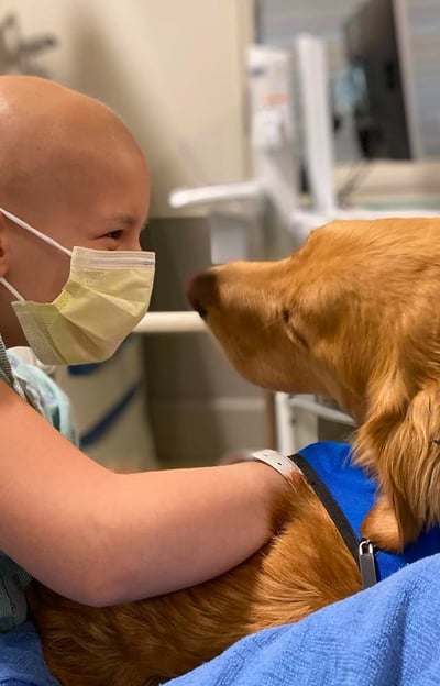 A girl in the hospital with a dog by her side