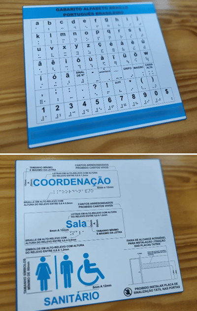 gabarito demonstrando a correta execução de textos e pictogramas, com alfabeto em braile