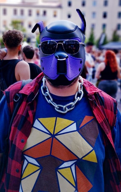 Man in pup mask on a busy street.